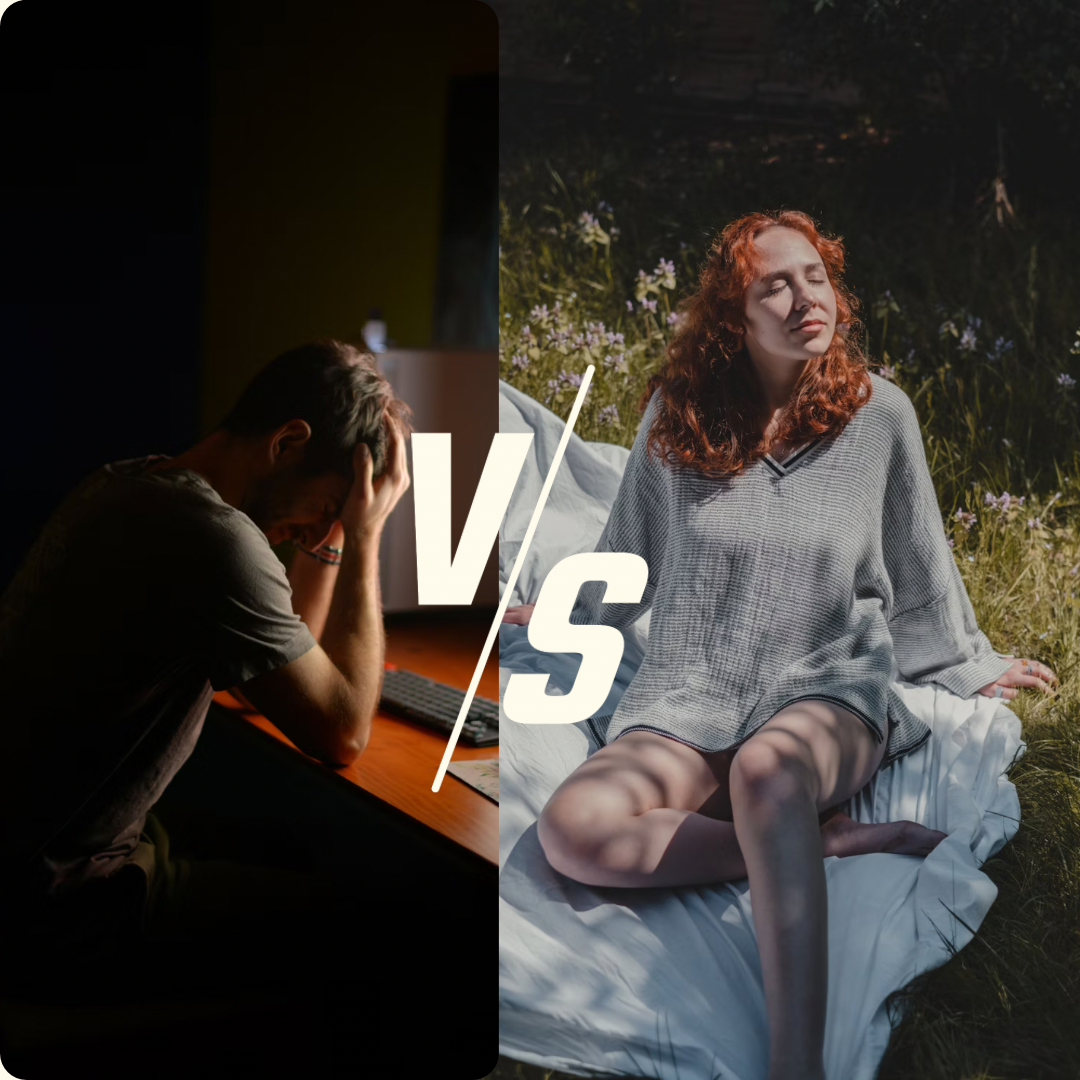 Man who is stressed, woman who is calm and relaxed