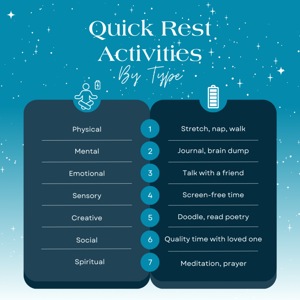 Quick rest activities by type